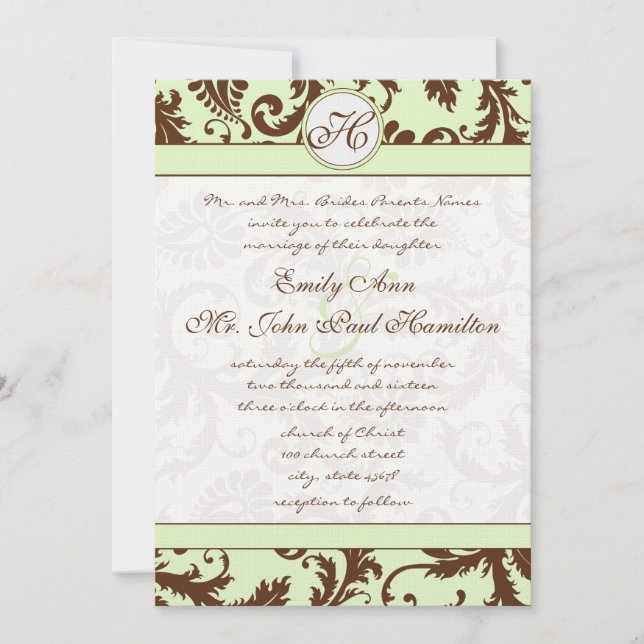 Invitation Light Celery Green Brown Mariage damassé Invitatio (Devant)