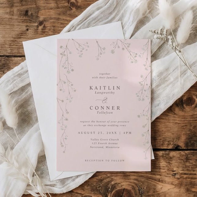 Invitation Light Pink Baby's Breath Wildflower Boho Wedding (Blush pink wedding invite with soft watercolor baby’s breath and botanical monogram wreath)