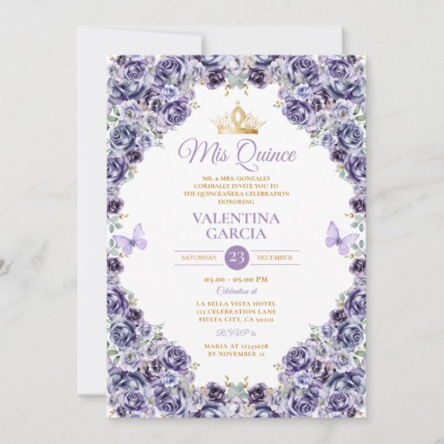 Invitation Light Purple Quinceañera 15 Anos Floral Gold Crown (Devant)
