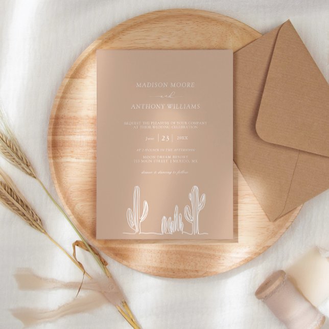 Invitation Light Sand Wedding Line Art Desert Cactus  (Créateur téléchargé)