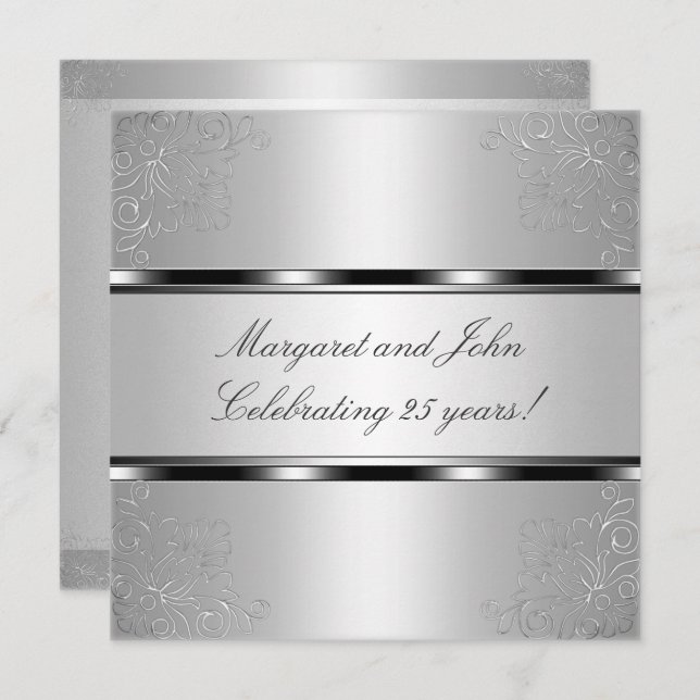 Invitation Light Silver Floral 25th Anniversary Party Event (Devant / Derrière)