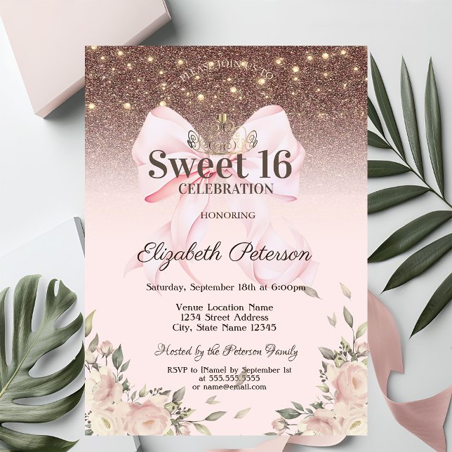 Invitation Lights, Pink Bow Flowers Glitter Sweet 16 (Créateur téléchargé)
