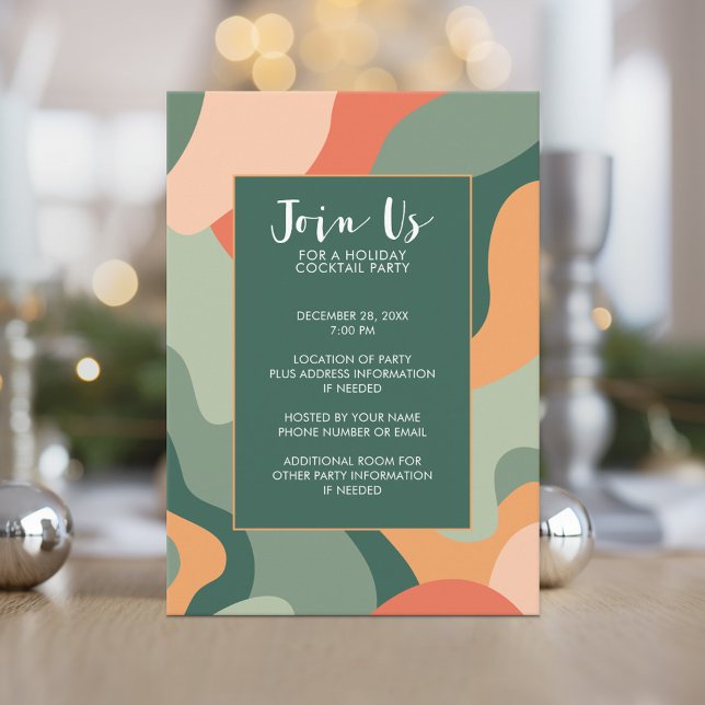 Invitation Ligne biologique Art Abstrait - Jade Coral Holiday (Holiday Cocktail Party Invitation - Jade and Tangerine Organic Curves)