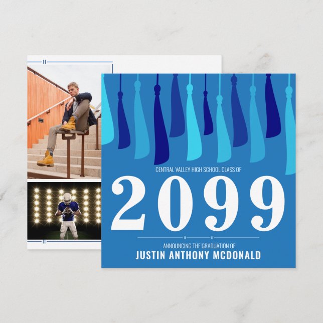 Invitation Ligne bleue de Tassels Diplôme en deux photos (Devant / Derrière)