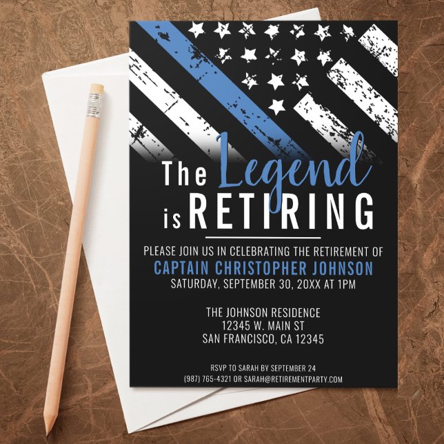 Invitation Ligne Bleue Mince Police Police Retraite (A perfect retirement party invitation for a retiring law enforcement police officer, chief, sheriff!)