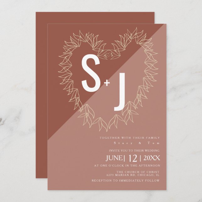 Invitation Ligne botanique Art Wreath Heart Mariage Earth Ton (Devant / Derrière)