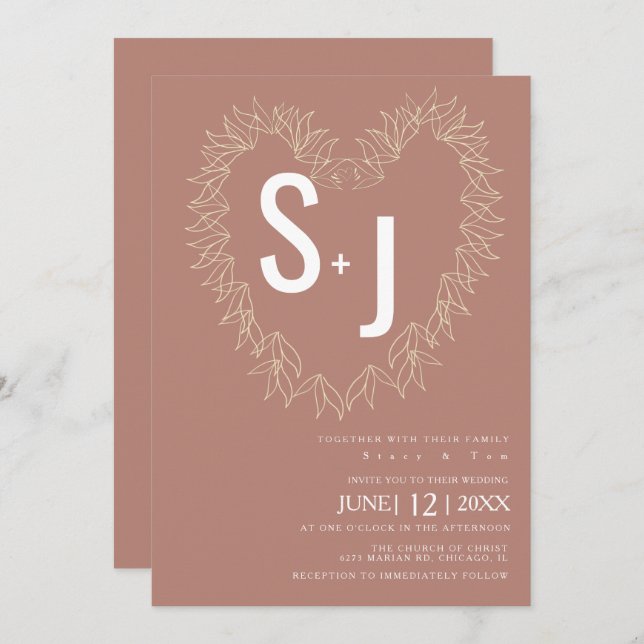 Invitation Ligne botanique Art Wreath Heart Mariage Earth Ton (Devant / Derrière)