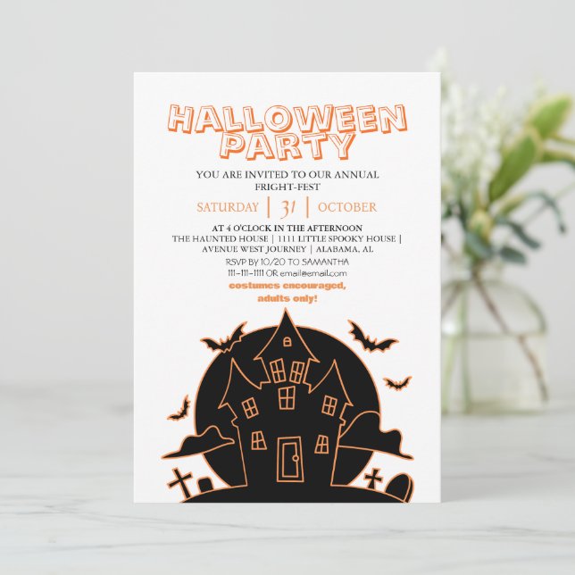 Invitation Ligne d'art orange moderne maison hantée Halloween (Debout devant)