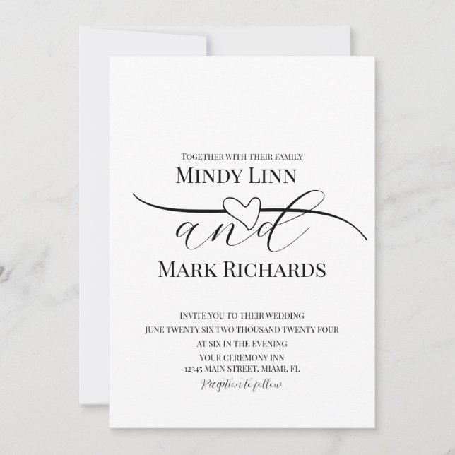 Invitation Ligne de cœur romantique Script noir vert Mariage  (Devant)