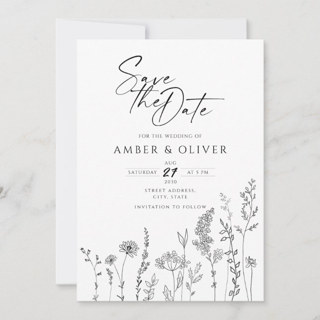 Invitation Ligne De Fleur sauvage Simple Art Enregistrer La D (Devant)