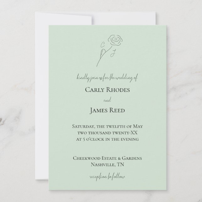Invitation Ligne de Fleur Vert clair Art Monogramme Mariage (Devant)
