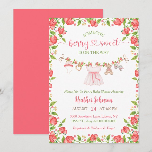 Invitation Ligne de vêtements bébé aux fraises sucrées Shower (Devant / Derrière)