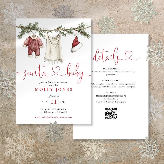 Invitation Ligne De Vêtements Pour Bébés père Noël Tout En Un (Santa Baby Clothesline All In One Baby Shower Invitation)