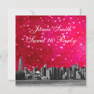Invitation Ligne d'horizon de NYC gravée Cœur rose chaud roug