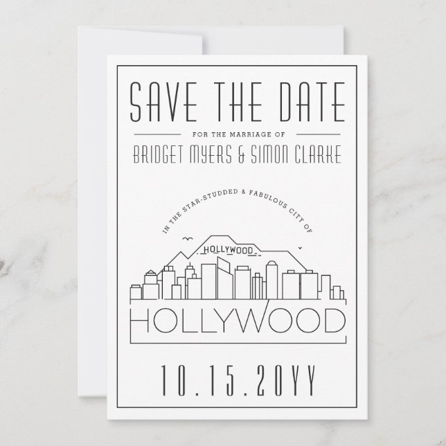 Invitation Ligne d'horizon stylisée de mariage à Hollywood En (Devant)