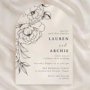 Invitation Ligne Élégante Fleurs Artistiques Mariage Noir & B
