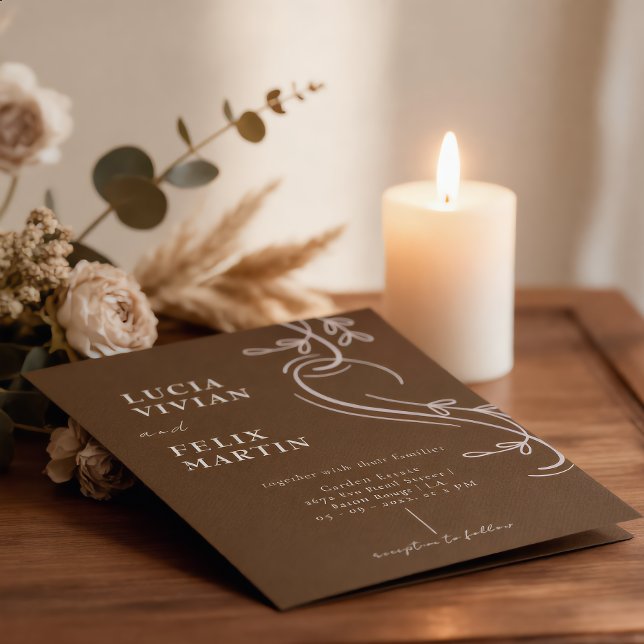 Invitation Ligne Élégante Fleurs Lin Marron Expresso Mariage (Créateur téléchargé)