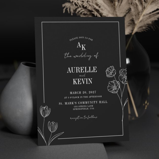Invitation Ligne Florale Rustique Mariage Élégant Noir (Créateur téléchargé)