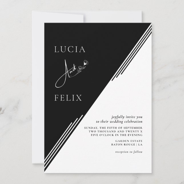 Invitation Ligne moderne Mariage photo noir et blanc chic (Devant)