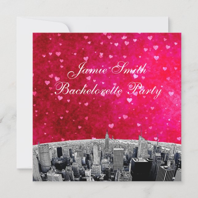 Invitation Ligne Skyline NYC Etched #2 Rose Red Heart Bachelo (Devant)