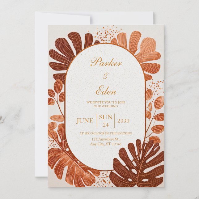 Invitation Ligne Terracotta Monstera Arche de mariage dorée (Devant)