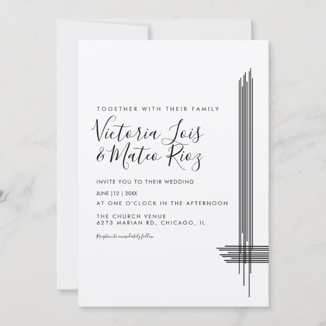 Invitation Lignes Abstraites Noir Blanc Beige Mariage  (Devant)