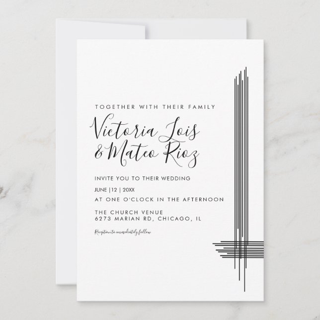 Invitation Lignes Abstraites Noir Blanc Mariage moderne (Devant)
