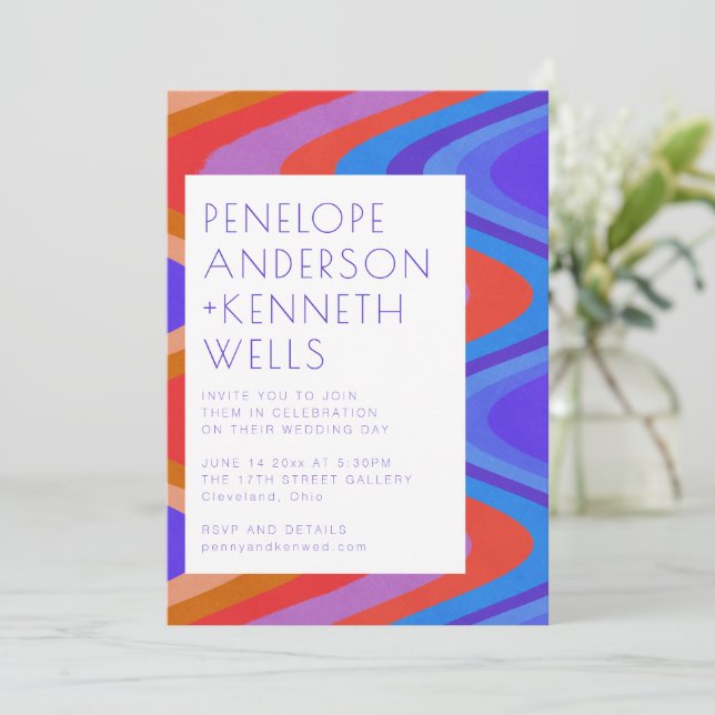 Invitation Lignes courbes super Unique Mariage rouge bleu rét (Debout devant)