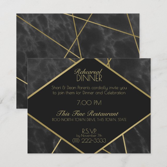 Invitation Lignes d'or géométrique et dîner de répétition de  (Devant / Derrière)