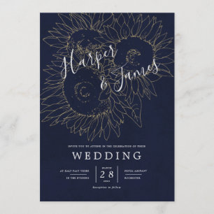 Invitation Lignes florales modernes tournesols mariage bleu m