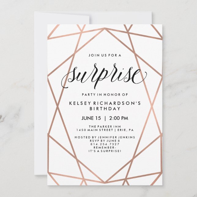 Invitation Lignes géométriques de Faux Rose Gold| Surprise (Devant)