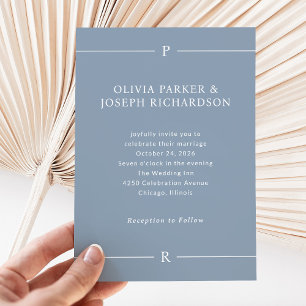 Invitation Lignes modernes et monogramme Dusty Blue Mariage