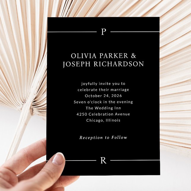 Invitation Lignes modernes et monogramme | Mariage noir foncé (Créateur téléchargé)