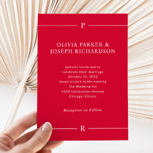 Invitation Lignes modernes et monogramme   Mariage rouge ceri