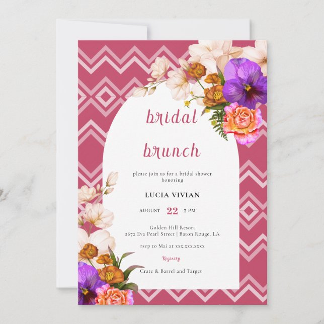 Invitation Lignes rétro Floral Magenta Fuchsia Bridal Brunch (Devant)
