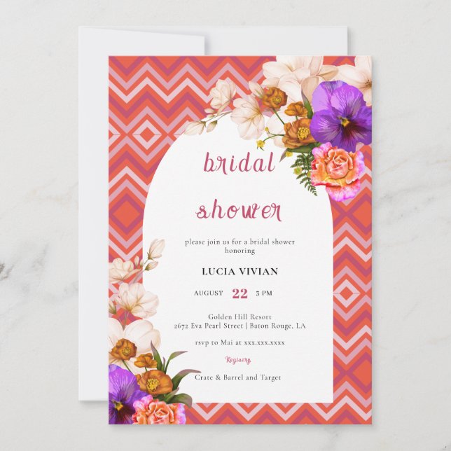 Invitation Lignes rétro Floral Magenta Fuchsia Fête des marié (Devant)