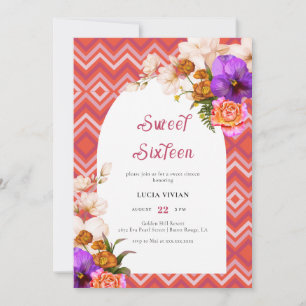 Invitation Lignes rétro Floral Magenta Fuchsia Sweet sixteen