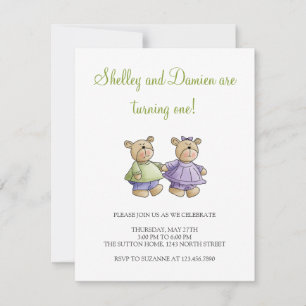 Invitation Lil' Bears ・ Baby Twins Green & Purple