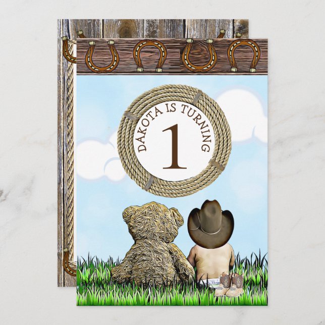 Invitation Lil' Cowboy et Teddy Bear Première fête d'annivers (Devant / Derrière)