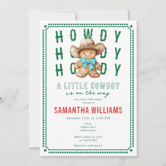 Invitation Lil Cowboy Pain d'épices Noël Baby shower vert (Devant)