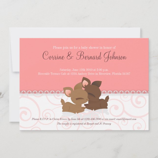Invitation Lil Deerie Twins Rose & Blanc (Devant)
