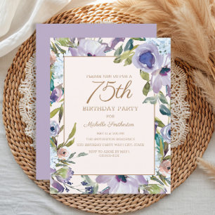 Invitation Lila Élégant Fleurs et Feuillage 75e Anniversaire