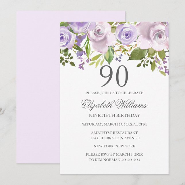 Invitation Lila Violet Aquarelle Florale 90e Anniversaire (Devant / Derrière)