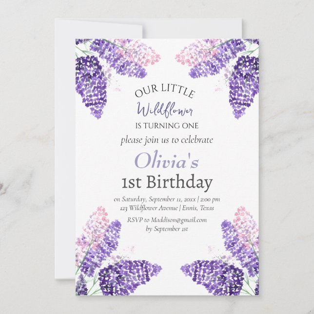 Invitation Lilac 1er premier anniversaire fille violet Floral (Devant)