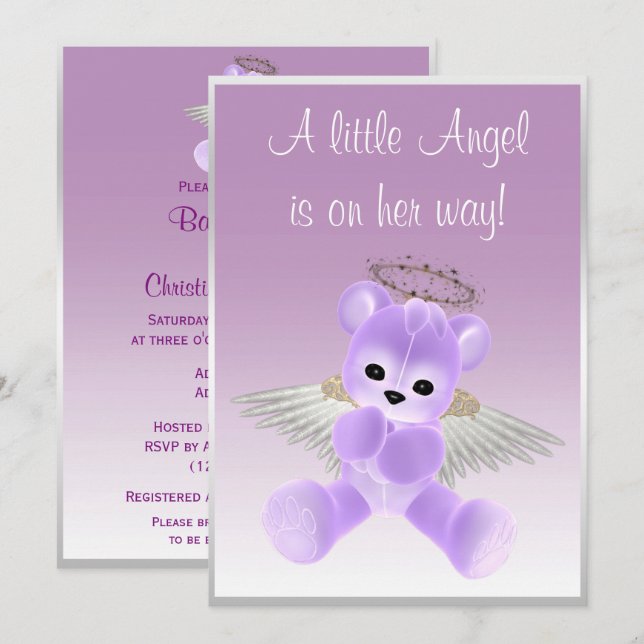 Invitation Lilac Angel Teddy Bear Baby shower (Devant / Derrière)
