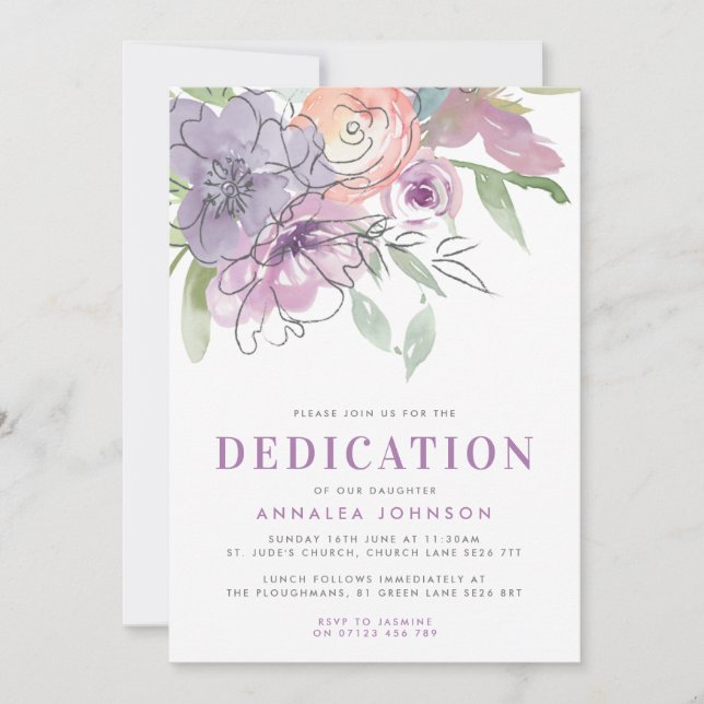 Invitation Lilac Aquarelle Fleurs Bébé Dédication (Devant)