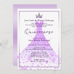 Invitation Lilac Ball Gown & Tiara Quinceañera Anniversaire