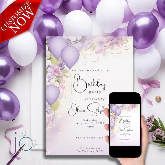 Invitation Lilac Ballons et fleurs QR Anniversaire (text is easily customized )