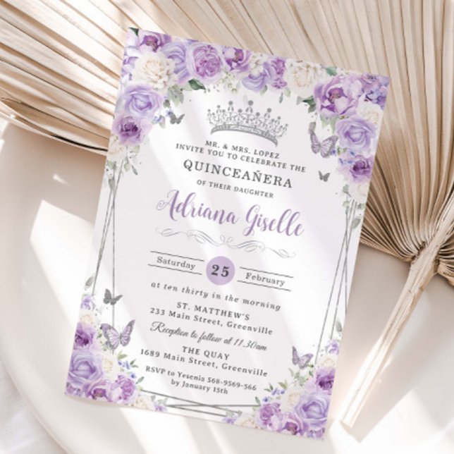 Invitation Lilac blanc blanc Floral argent Quinceañera XV 16 (Créateur téléchargé)