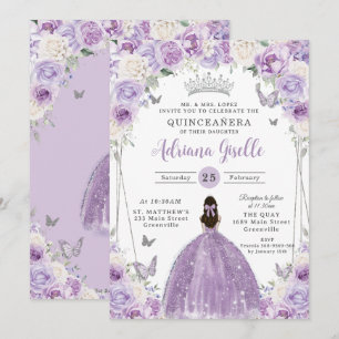 Invitation Lilac blanc blanc Floral argent Quinceañera XV 16